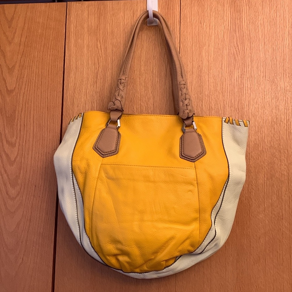 Oryany designer gold yellow ivory whipstitched leather bag tote purse 2 straps